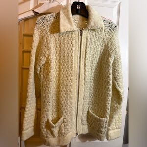 Hand knit Cream cable Knit Cardigan with zipper and Pockets